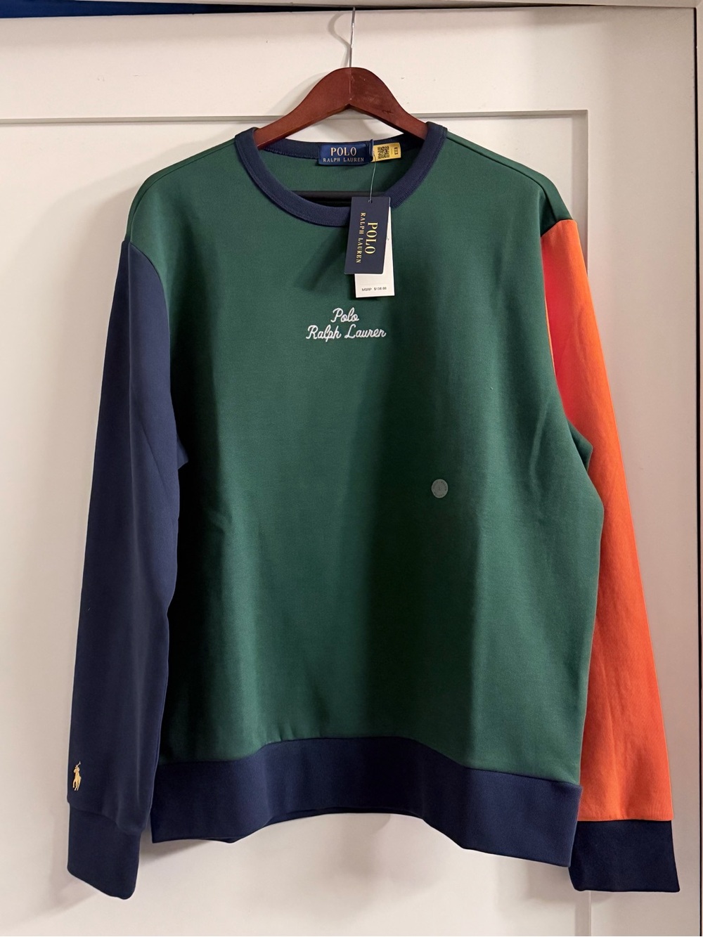 Ralph Lauren Colorblocked Crewneck Sweater in Green, Navy & Orange